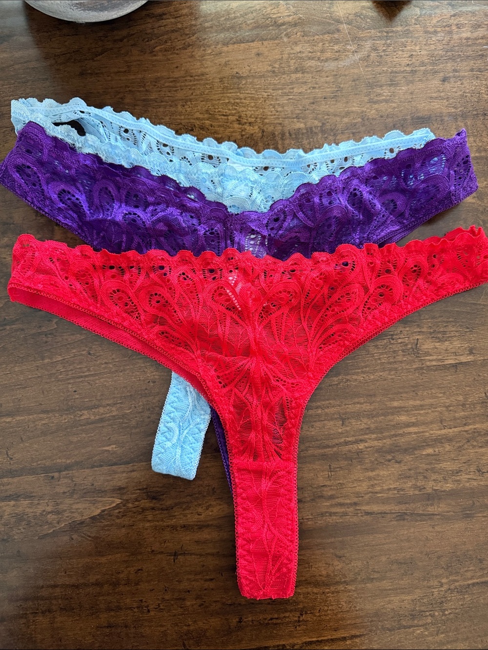 Lace Thong Trio in Red, Purple, and Light Blue